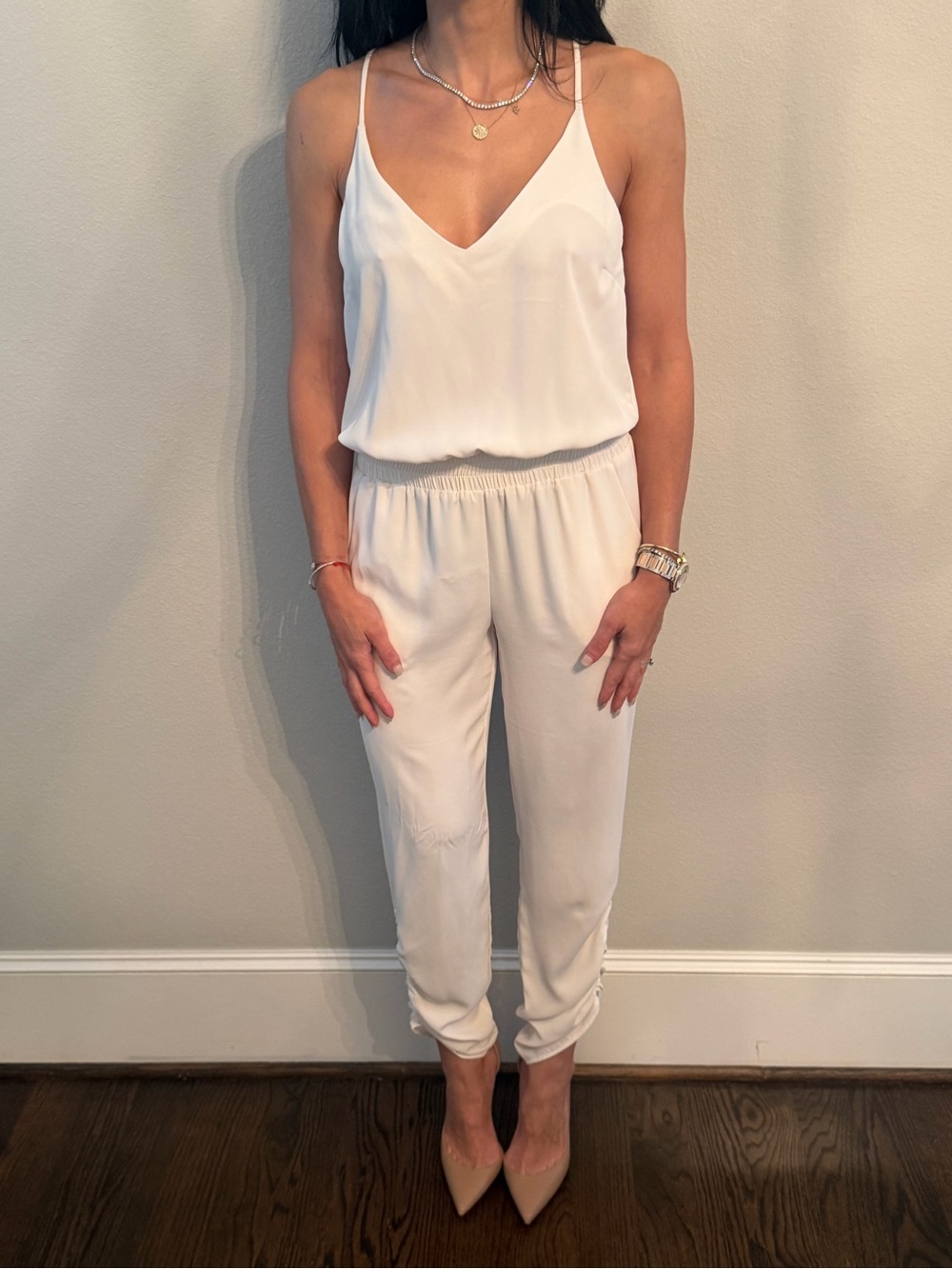 Amanda Uprichard Cream Satin Jumpsuit with Elastic Waist and Spaghetti Straps